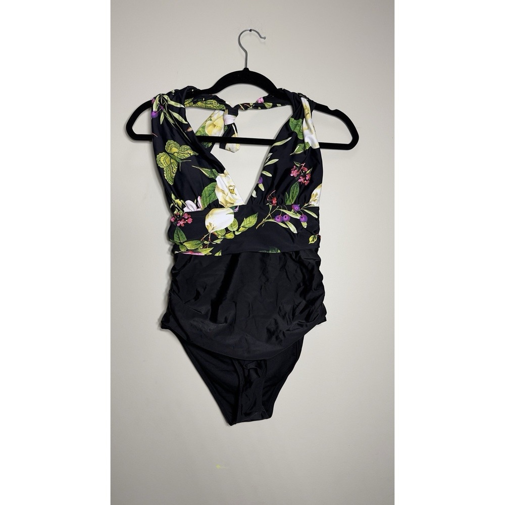 Cupshe Floral Halter Neck One Piece Swimsuit Black Multicolor Size Medium